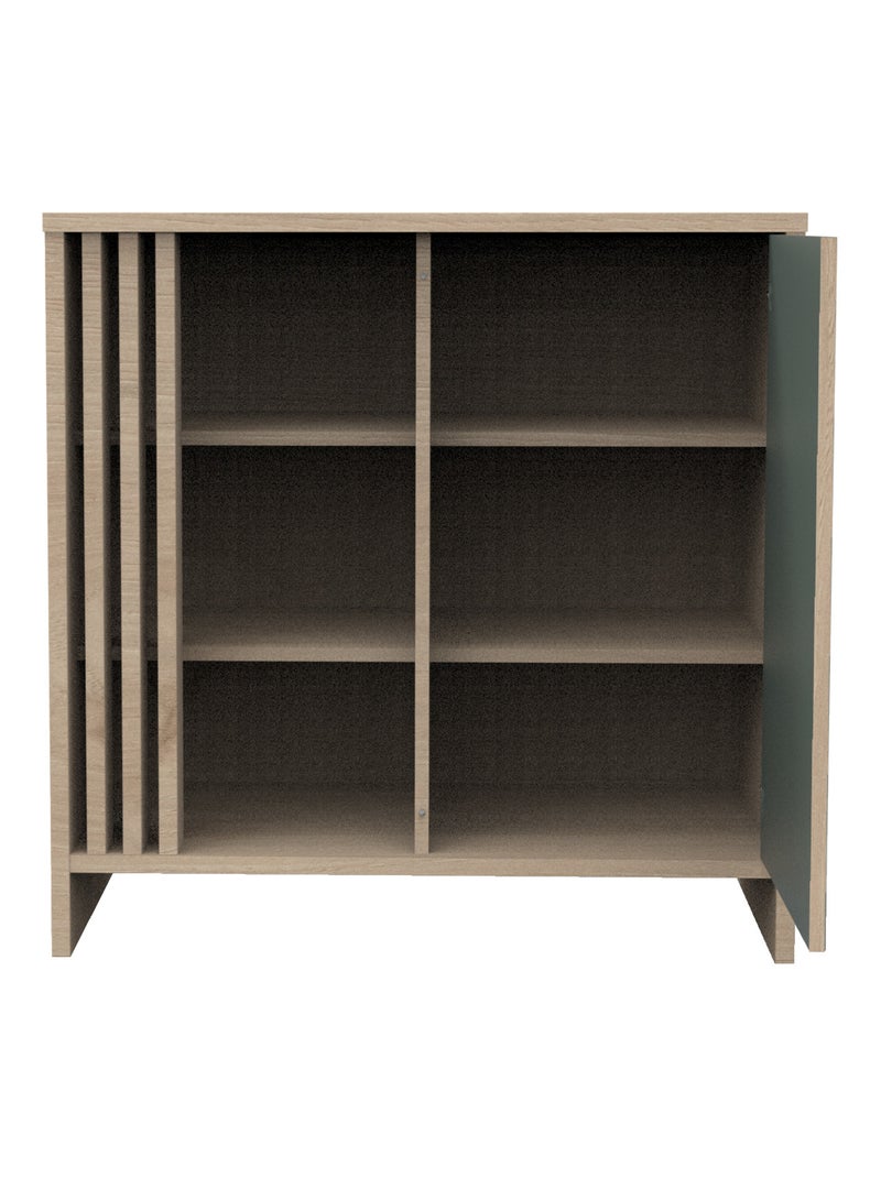 Commode met 1 gekleurde deur en 3 open vakken met houten lattenwand in zachte eik decor Groen - Kiabi