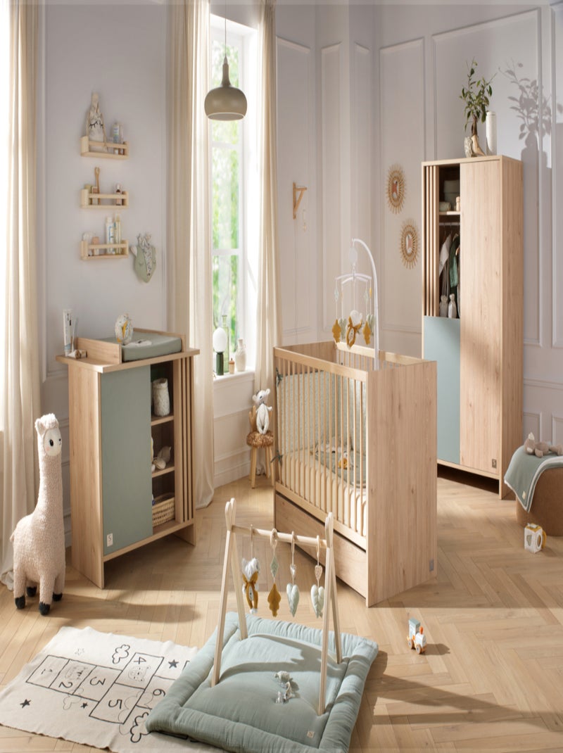 Commode met 1 gekleurde deur en 3 open vakken met houten lattenwand in zachte eik decor Groen - Kiabi