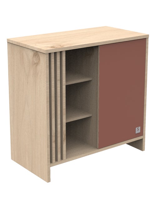 Commode met 1 gekleurde deur en 3 open vakken met houten lattenwand in zachte eik decor - Kiabi Commode met 1 gekleurde deur en 3 open vakken met houten lattenwand in zachte eik decor - Kiabi