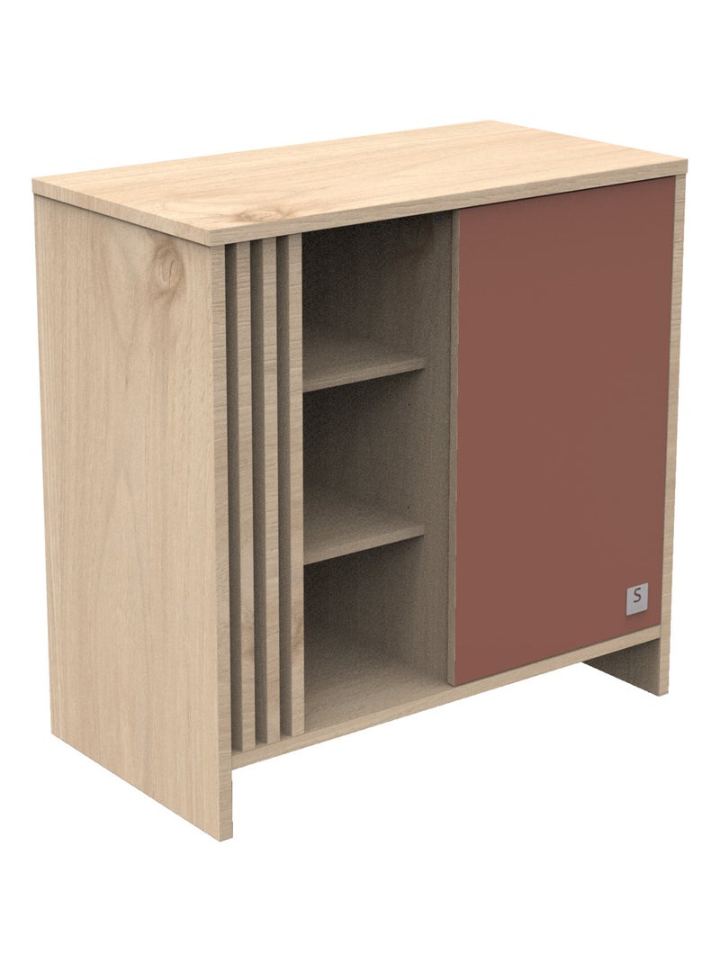 Commode met 1 gekleurde deur en 3 open vakken met houten lattenwand in zachte eik decor Rood - Kiabi