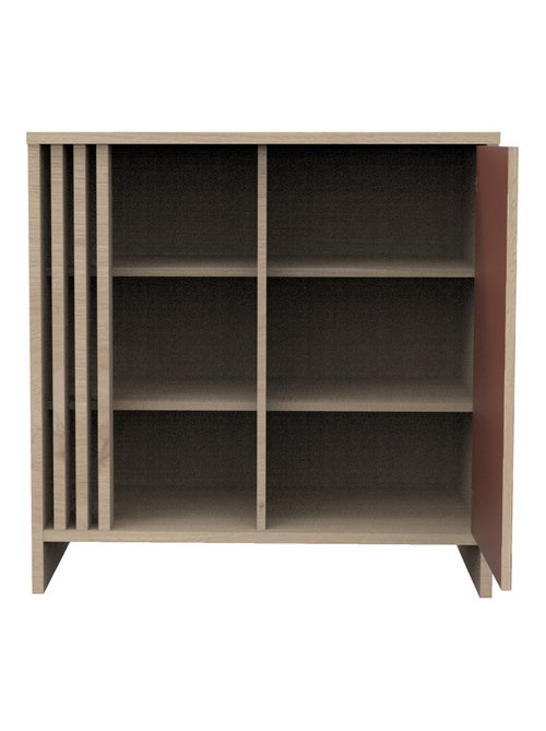 Commode met 1 gekleurde deur en 3 open vakken met houten lattenwand in zachte eik decor - Kiabi Commode met 1 gekleurde deur en 3 open vakken met houten lattenwand in zachte eik decor - Kiabi
