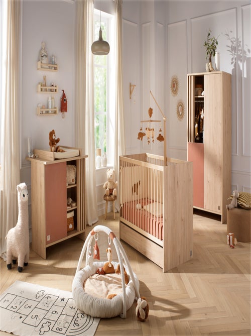 Commode met 1 gekleurde deur en 3 open vakken met houten lattenwand in zachte eik decor - Kiabi Commode met 1 gekleurde deur en 3 open vakken met houten lattenwand in zachte eik decor - Kiabi