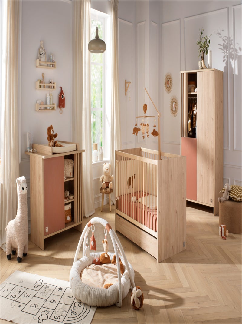 Commode met 1 gekleurde deur en 3 open vakken met houten lattenwand in zachte eik decor Rood - Kiabi