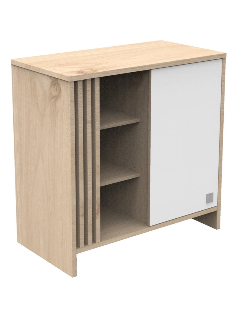 Commode met 1 gekleurde deur en 3 open vakken met houten lattenwand in zachte eik decor Wit Bruin - Kiabi