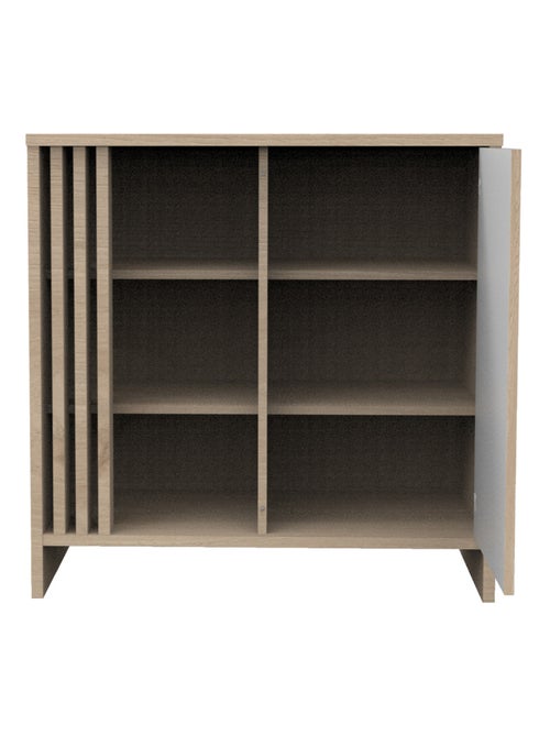 Commode met 1 gekleurde deur en 3 open vakken met houten lattenwand in zachte eik decor - Kiabi Commode met 1 gekleurde deur en 3 open vakken met houten lattenwand in zachte eik decor - Kiabi