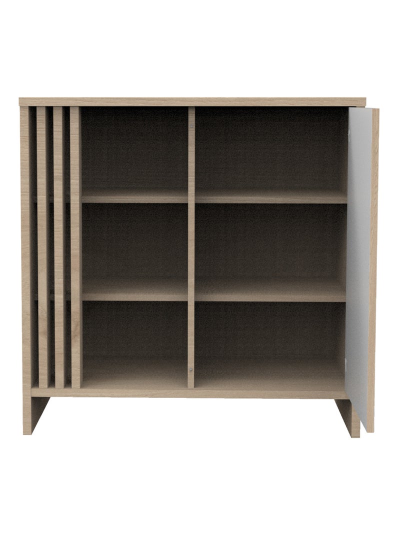 Commode met 1 gekleurde deur en 3 open vakken met houten lattenwand in zachte eik decor Wit Bruin - Kiabi