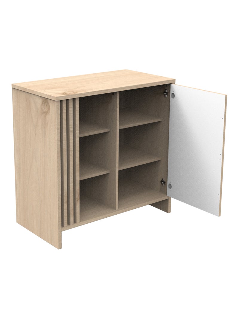 Commode met 1 gekleurde deur en 3 open vakken met houten lattenwand in zachte eik decor Wit Bruin - Kiabi