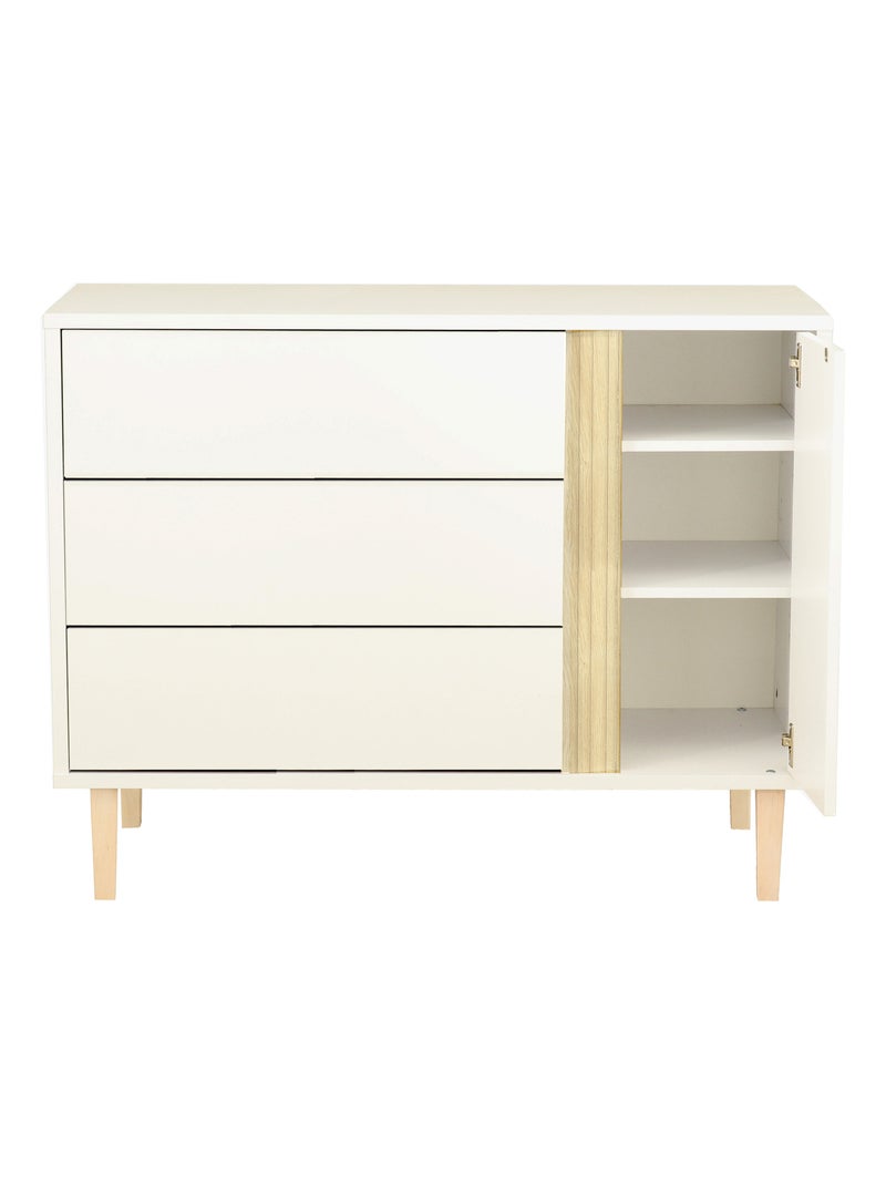 Commode met 3 laden en 1 deur met houten poten Wit Bruin - Kiabi