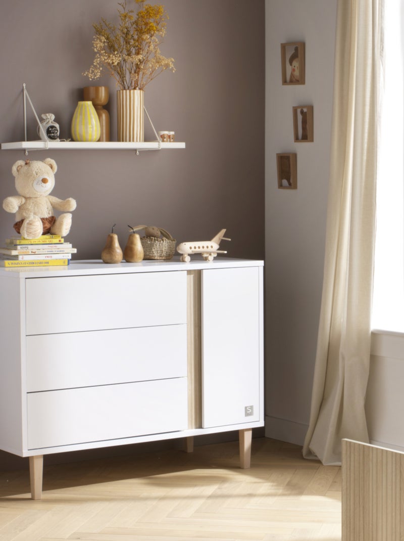 Commode met 3 laden en 1 deur met houten poten Wit Bruin - Kiabi