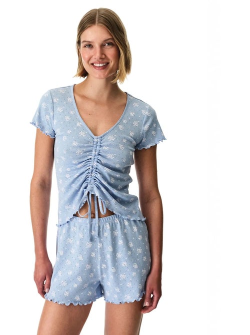 Coralie pointel crunchy pyjamaset met bloemenprint, korte mouwen en short penti - Kiabi Coralie pointel crunchy pyjamaset met bloemenprint, korte mouwen en short penti - Kiabi
