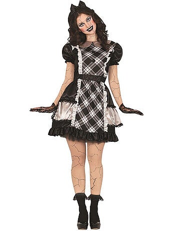 Costume de poupée en porcelaine à motif à carreaux