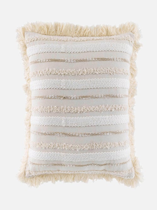 Coussin déhoussable en coton tissé avec franges et rayures en relief - Kiabi