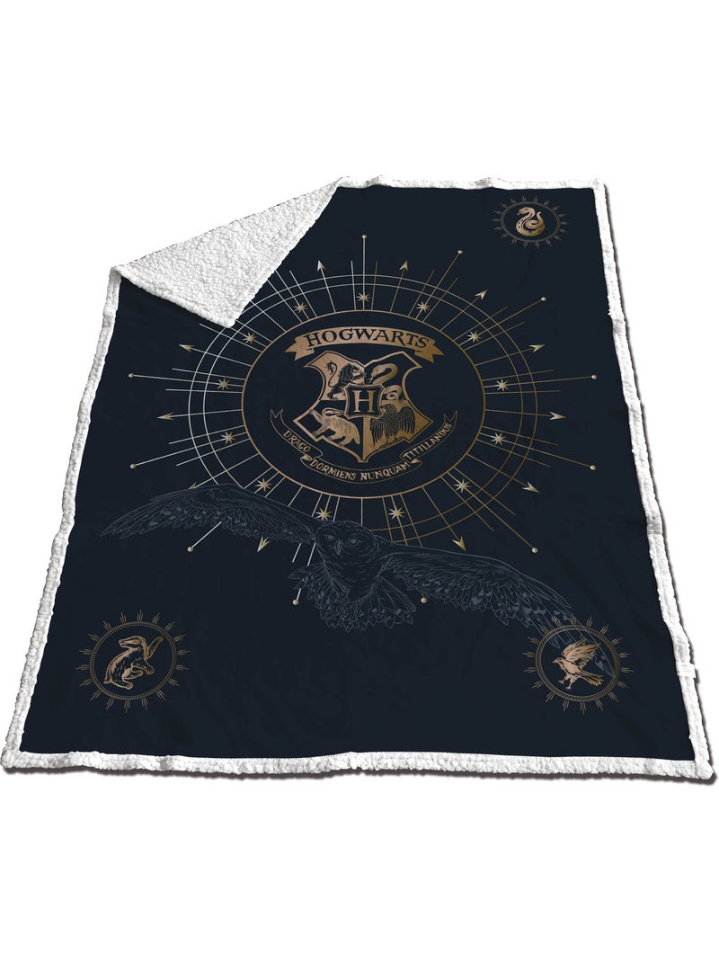 Couverture Coral & Sherpa Harry Potter Poudlard 130x170cm – Blason Or – Licence Officielle Noir Bleu - Kiabi