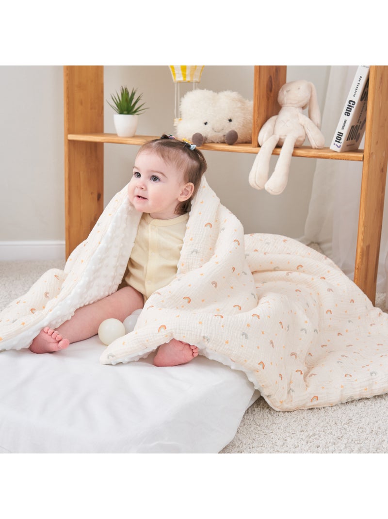 Couverture enfant 100x135 en gaze de coton Oeko-Tex et minky | SUPERBE BEBE Ecru - Kiabi
