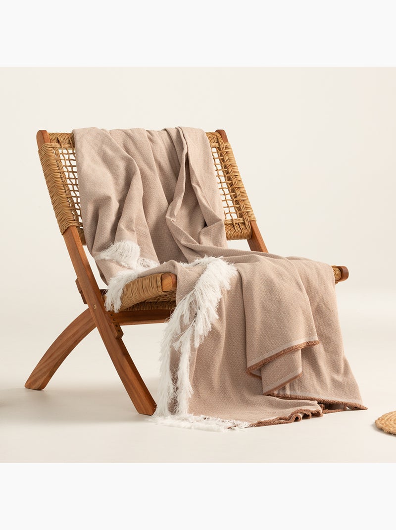 Couverture type Plaid, tissu texturé en fil teint, avec franges - Gamusi Beige - Kiabi