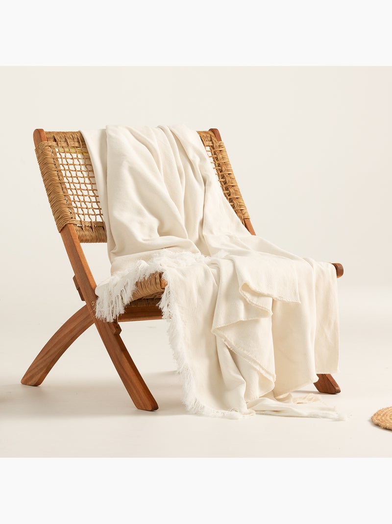 Couverture type Plaid, tissu texturé en fil teint, avec franges - Gamusi Ecru - Kiabi
