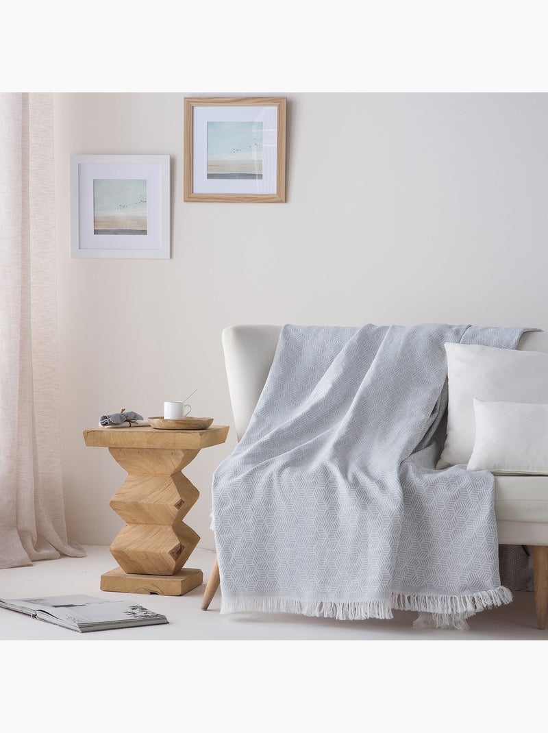 Couverture type Plaid, tissu texturé en fil teint, avec franges - Gamusi Gris clair - Kiabi