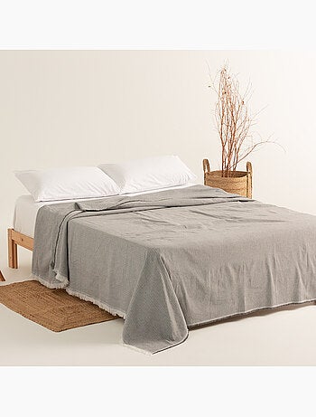 Couverture type Plaid, tissu texturé en fil teint, avec franges - Gamusi