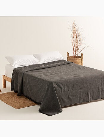 Couverture type Plaid, tissu texturé en fil teint, avec franges - Gamusi