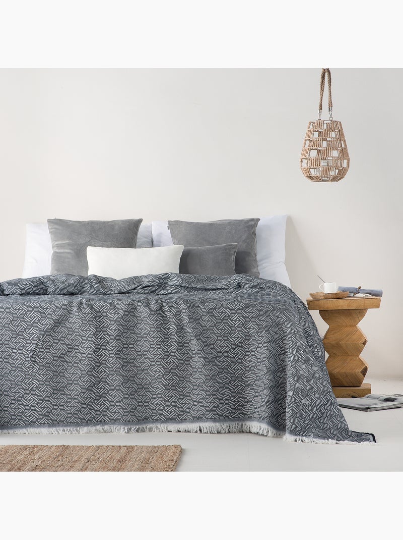 Couverture type Plaid, tissu texturé en fil teint, avec franges - Gamusi Noir - Kiabi
