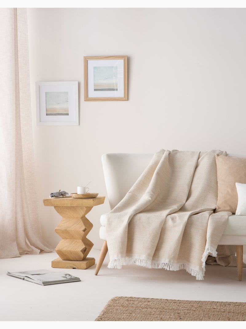Couverture type Plaid, tissu texturé en fil teint en relief en nid d'abeille, avec franges - Gamusi Beige - Kiabi