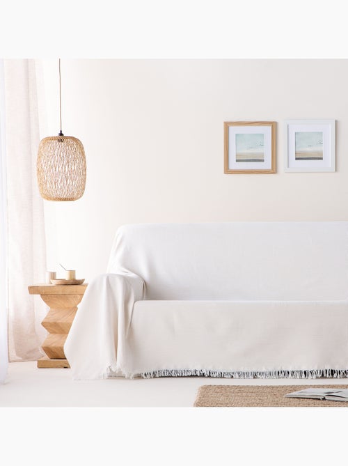 Couverture type Plaid, tissu texturé en fil teint en relief en nid d'abeille, avec franges - Gamusi - Kiabi