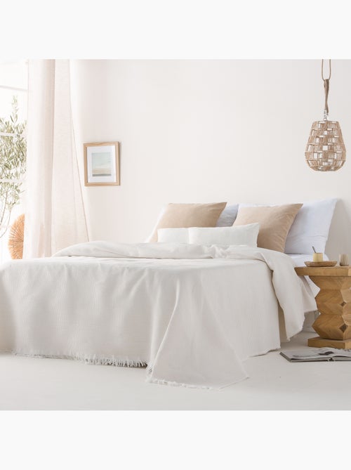 Couverture type Plaid, tissu texturé en fil teint en relief en nid d'abeille, avec franges - Gamusi - Kiabi