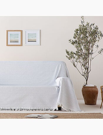 Couverture type Plaid, tissu texturé en fil teint en relief en nid d'abeille, avec franges - Gamusi