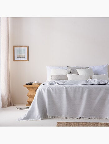 Couverture type Plaid, tissu texturé en fil teint en relief en nid d'abeille, avec franges - Gamusi