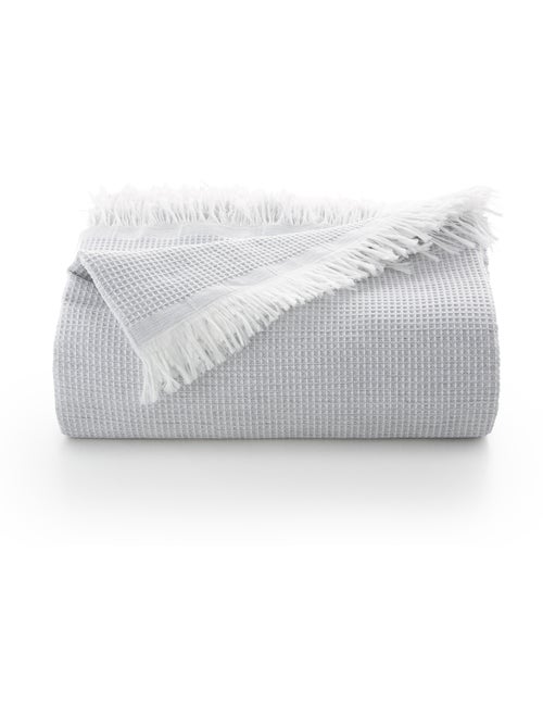 Couverture type Plaid, tissu texturé en fil teint en relief en nid d'abeille, avec franges - Gamusi - Kiabi