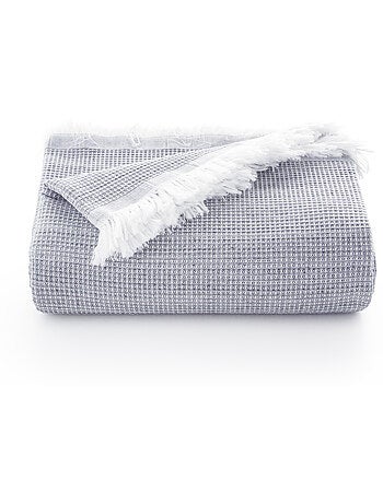 Couverture type Plaid, tissu texturé en fil teint en relief en nid d'abeille, avec franges - Gamusi