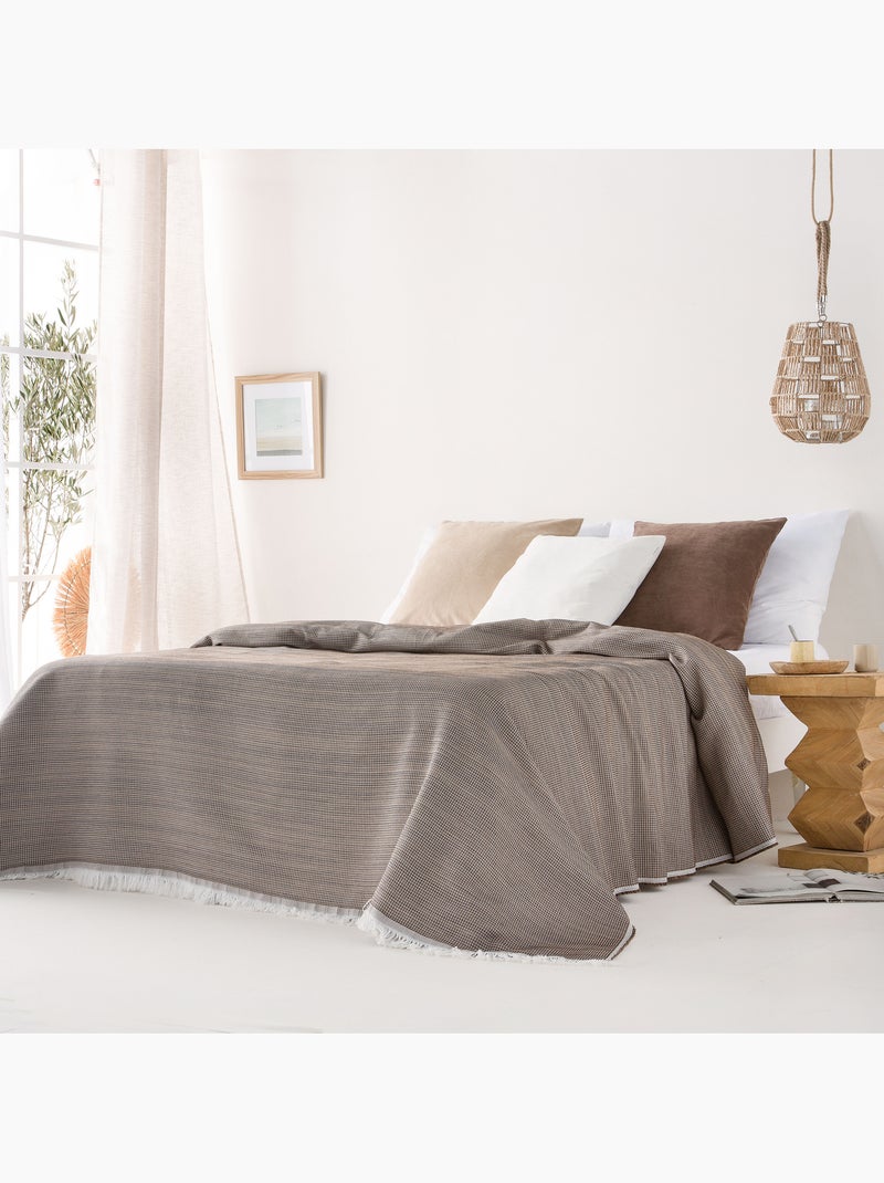 Couverture type Plaid, tissu texturé en fil teint en relief en nid d'abeille, avec franges - Gamusi Marron chocolat - Kiabi