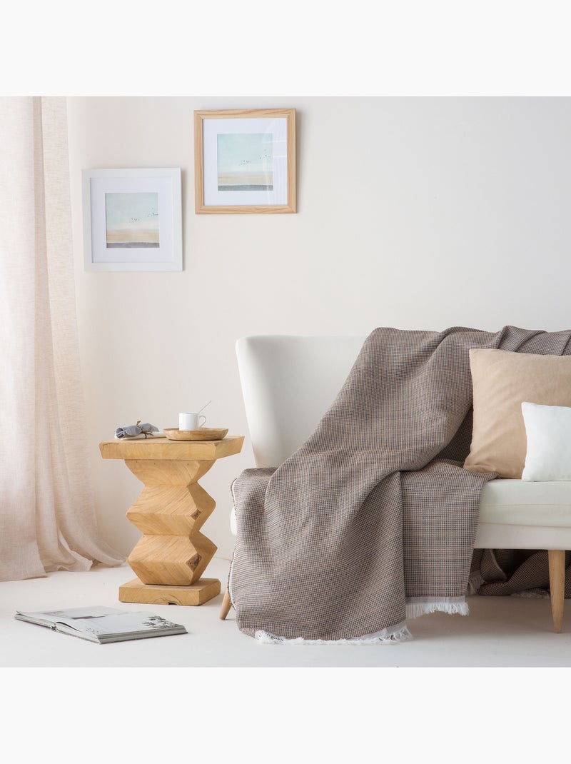 Couverture type Plaid, tissu texturé en fil teint en relief en nid d'abeille, avec franges - Gamusi Marron chocolat - Kiabi