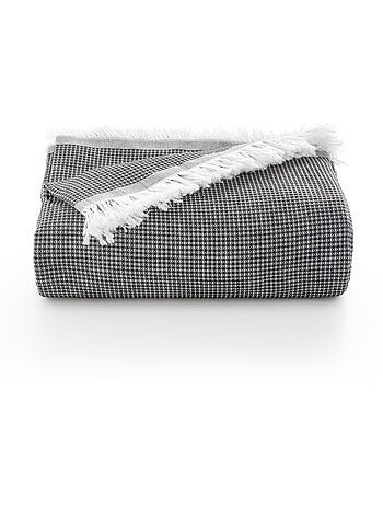 Couverture type Plaid, tissu texturé en fil teint en relief en nid d'abeille, avec franges - Gamusi