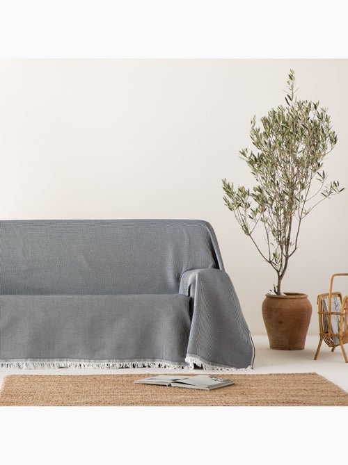Couverture type Plaid, tissu texturé en fil teint en relief en nid d'abeille, avec franges - Gamusi - Kiabi