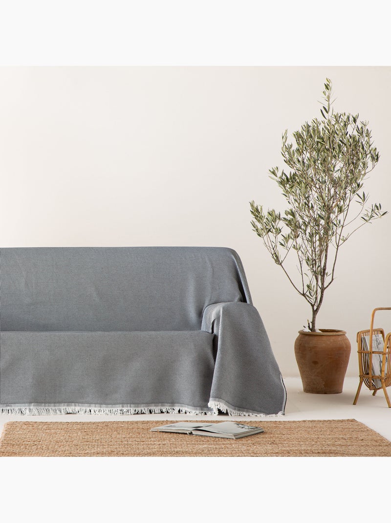 Couverture type Plaid, tissu texturé en fil teint en relief en nid d'abeille, avec franges - Gamusi Noir - Kiabi