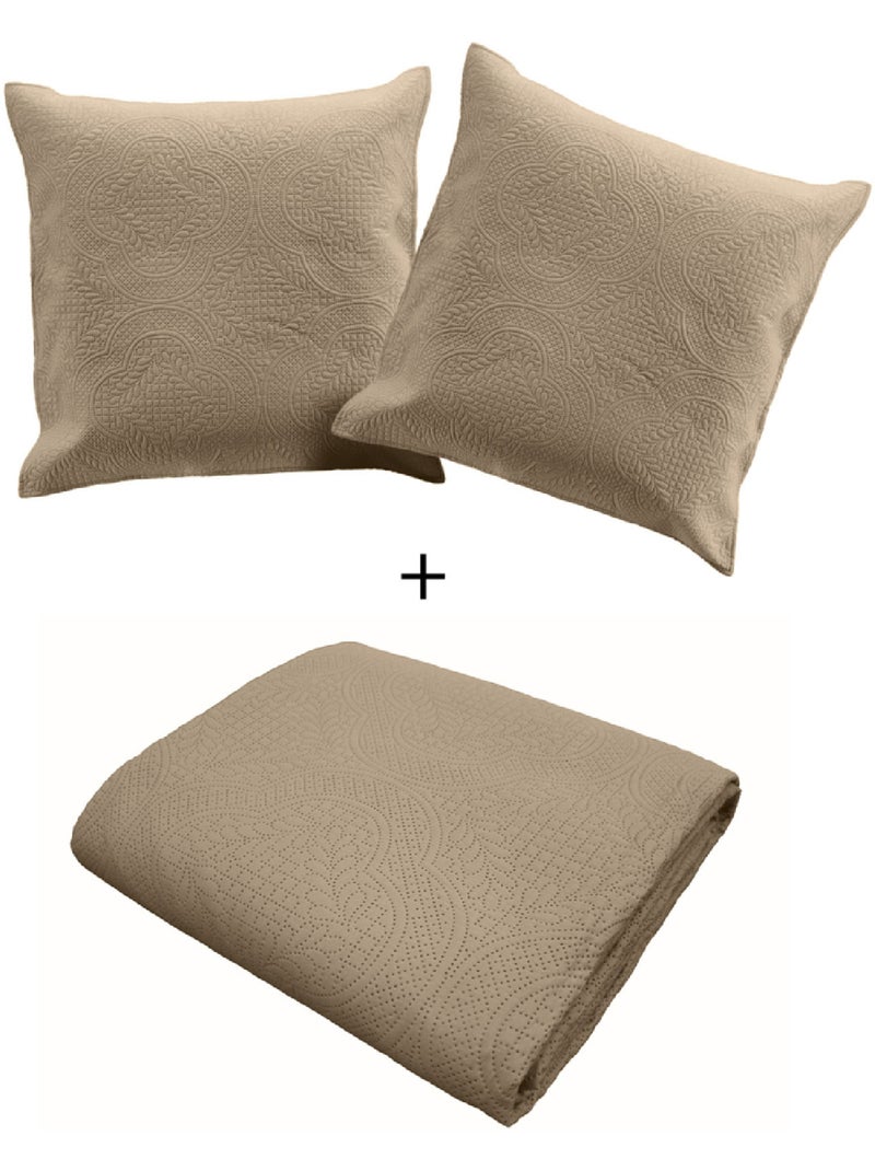 Couvre-lit matelassé + 2 housses de coussin en microfibre unie romane Lin - Kiabi