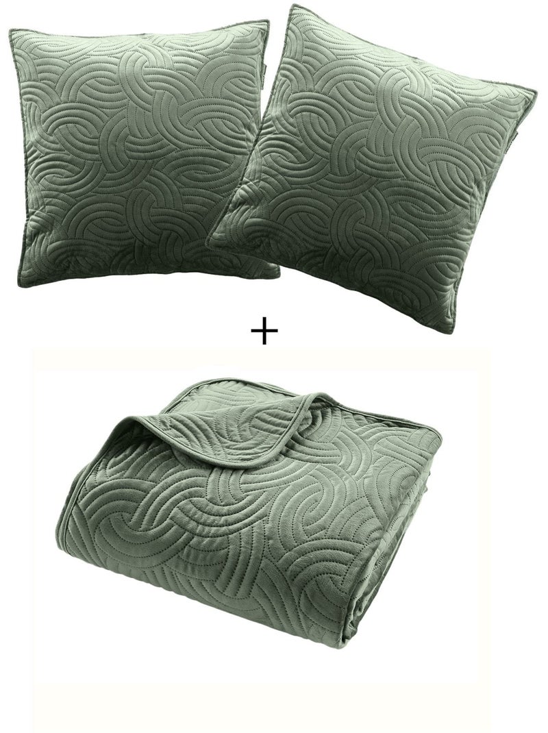 Couvre-lit velours uni solange + 2 housses de coussins 60x60 cm Vert cèdre - Kiabi