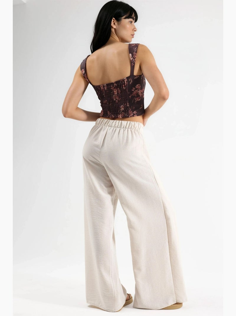 Crêpe broek met trekkoord in de taille en strikdetail busem Klei-beige - Kiabi