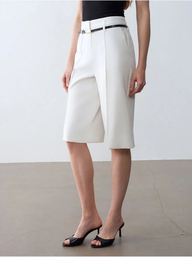 Crepe short met hoge taille, wijde pijp en ceintuur dilvin Gebroken wit - Kiabi
