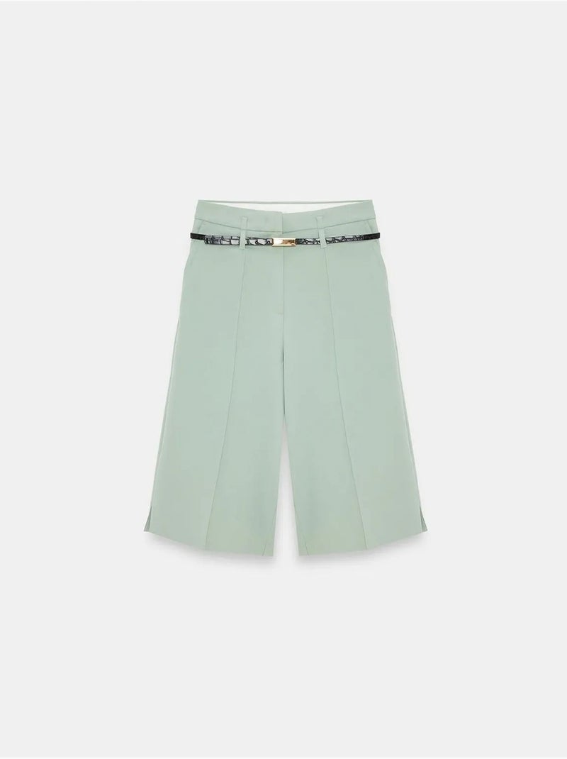 Crepe short met hoge taille, wijde pijp en ceintuur dilvin Muntgroen - Kiabi