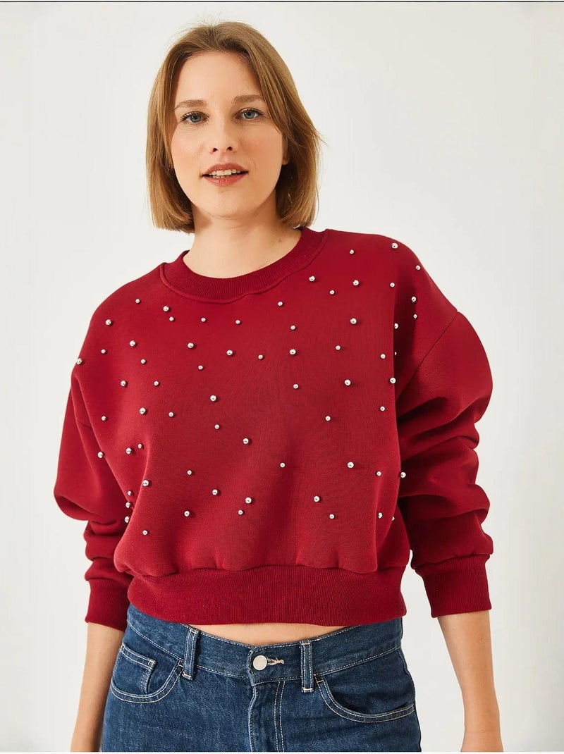 Crew neck sweatshirt met parelmoeren driedubbele garens en geborstelde afwerking lucci Bordeauxrood - Kiabi