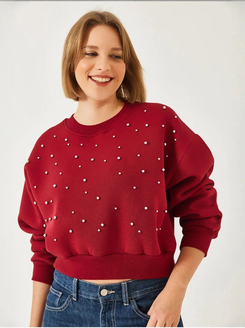 Crew neck sweatshirt met parelmoeren driedubbele garens en geborstelde afwerking lucci Bordeauxrood - Kiabi
