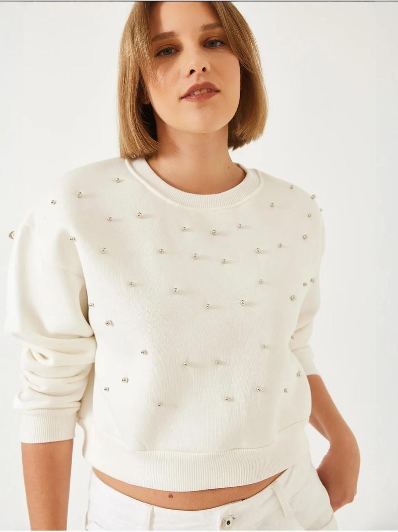 Crew neck sweatshirt met parelmoeren driedubbele garens en geborstelde afwerking lucci Crème - Kiabi