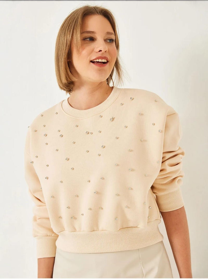 Crew neck sweatshirt met parelmoeren driedubbele garens en geborstelde afwerking lucci Klei-beige - Kiabi