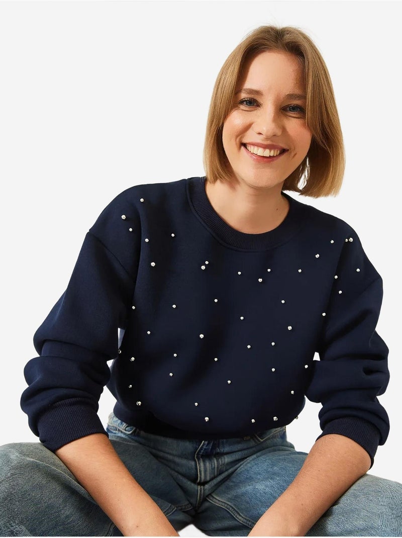 Crew neck sweatshirt met parelmoeren driedubbele garens en geborstelde afwerking lucci Marineblauw - Kiabi