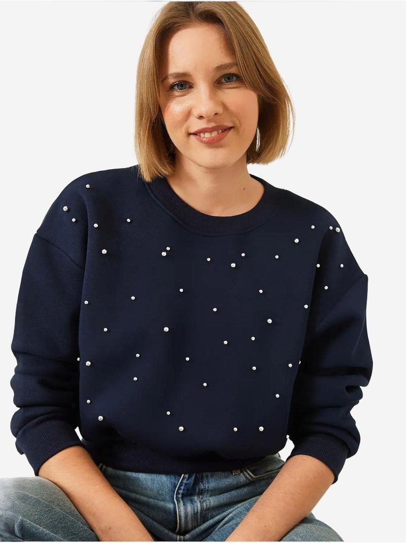 Crew neck sweatshirt met parelmoeren driedubbele garens en geborstelde afwerking lucci Marineblauw - Kiabi