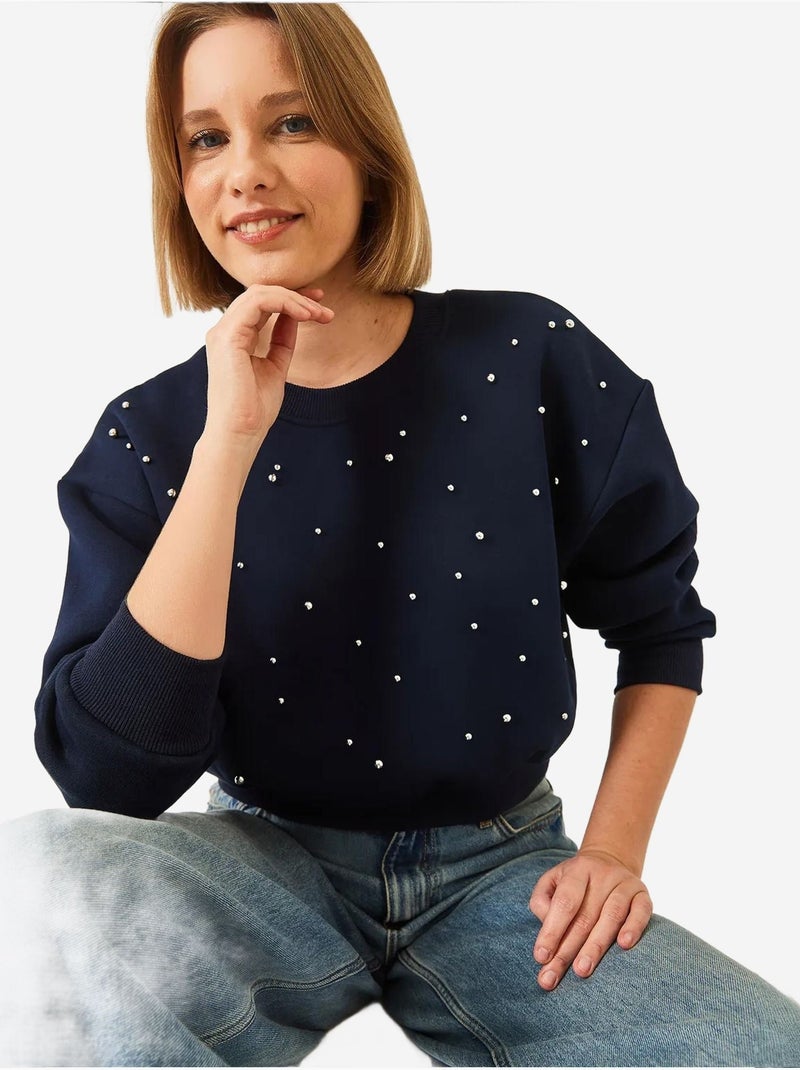 Crew neck sweatshirt met parelmoeren driedubbele garens en geborstelde afwerking lucci Marineblauw - Kiabi