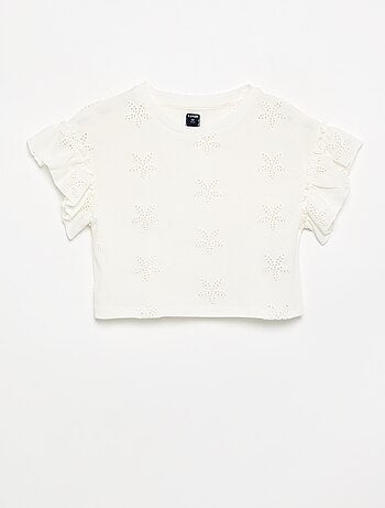 Cropped T-shirt met broderie anglaise