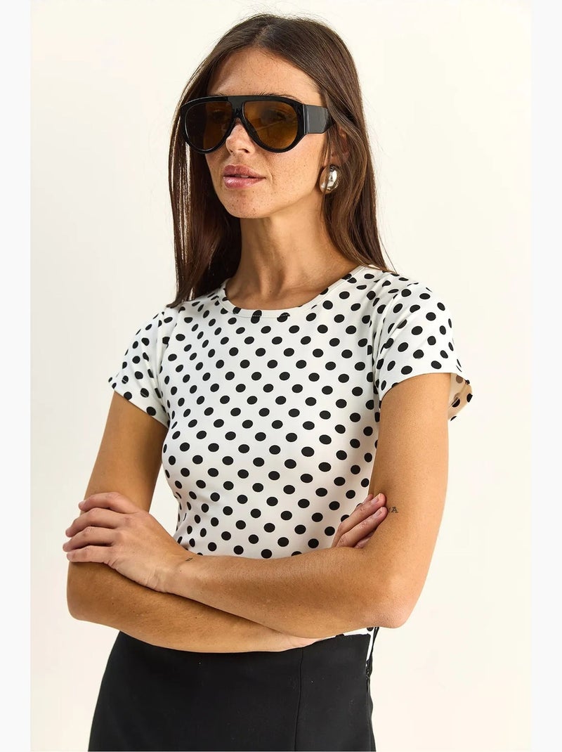 Crop-t-shirt met polkadots en ronde hals lucci Wit Zwart - Kiabi